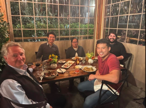 Dinner at the Farmhouse at Roger’s Gardens in Newport Beach Proceeding clockwise from the back-left is RDL’s host, Christopher Pantayatiwong Liu (Chris). To his right is Celine Chen. Continuing clockwise we find Adam Grosvirt-Dramen and Cliffton Wang.